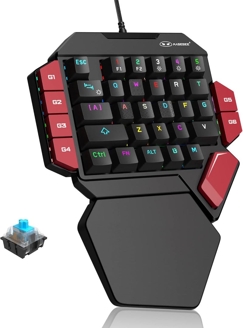 MageGee One Handed Professional Gaming Keyboard, RGB Backlit 35 Keys Mini Wired Mechanical Keyboard with Blue Switch for PC Gamer, Support 6 Macro Keys - Black/Red - Image 1